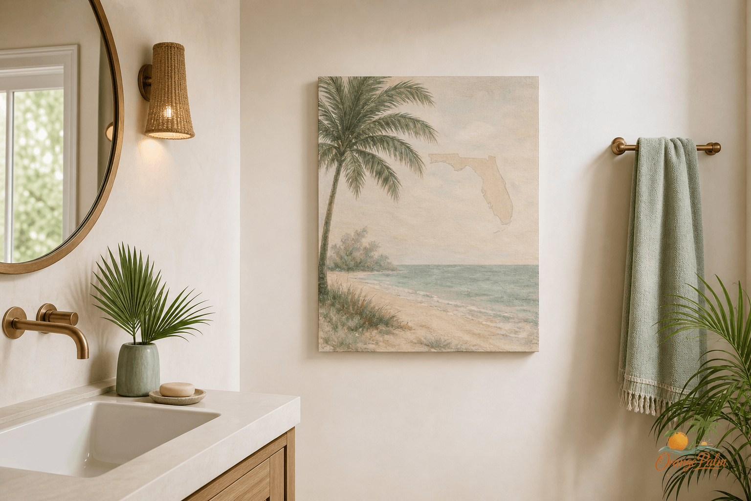 Small coastal wall art print styled above a simple powder room towel rail with warm white walls and palm green accents