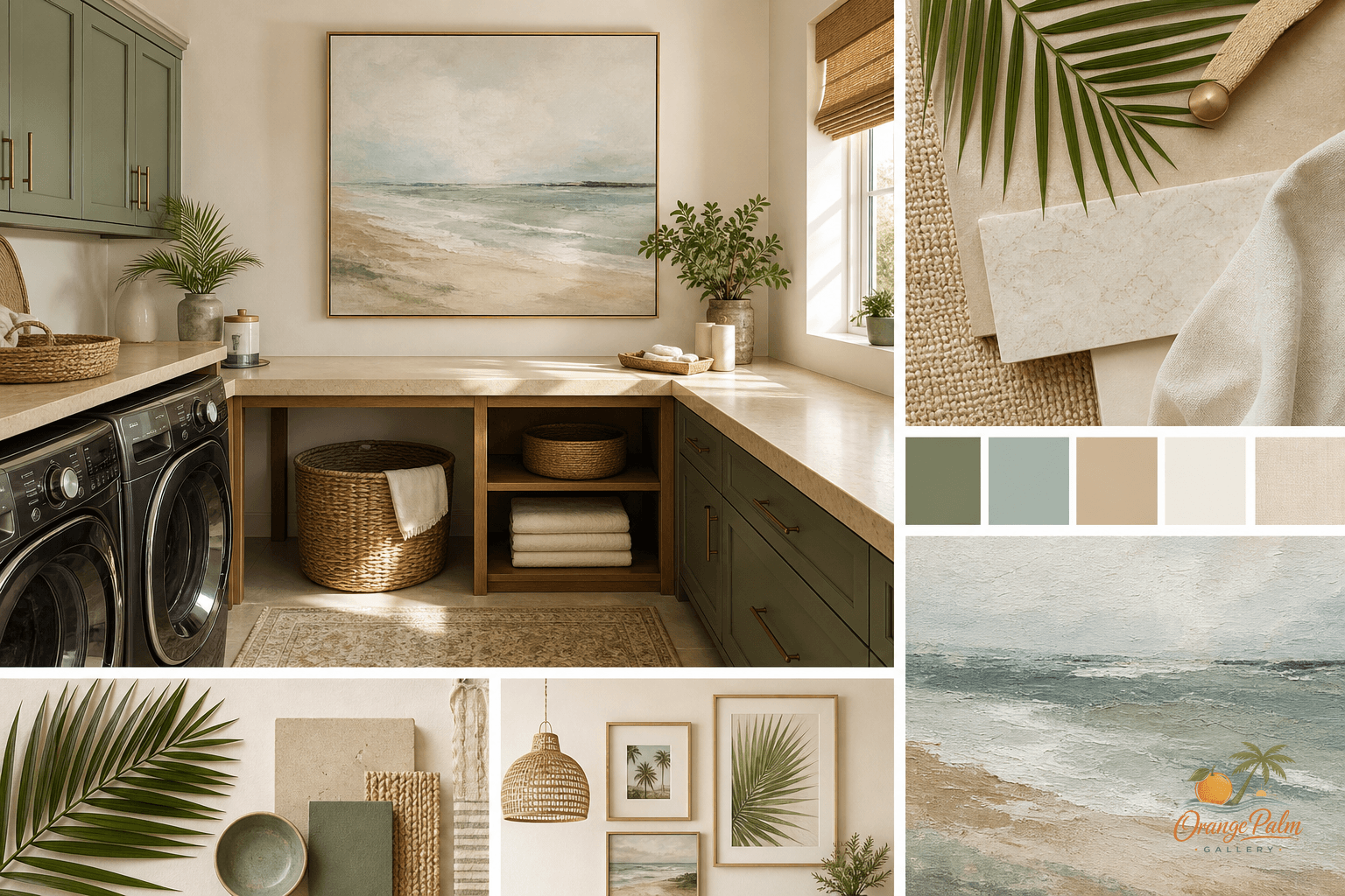 Warm modern laundry room with one calm coastal wall art piece above a folding counter