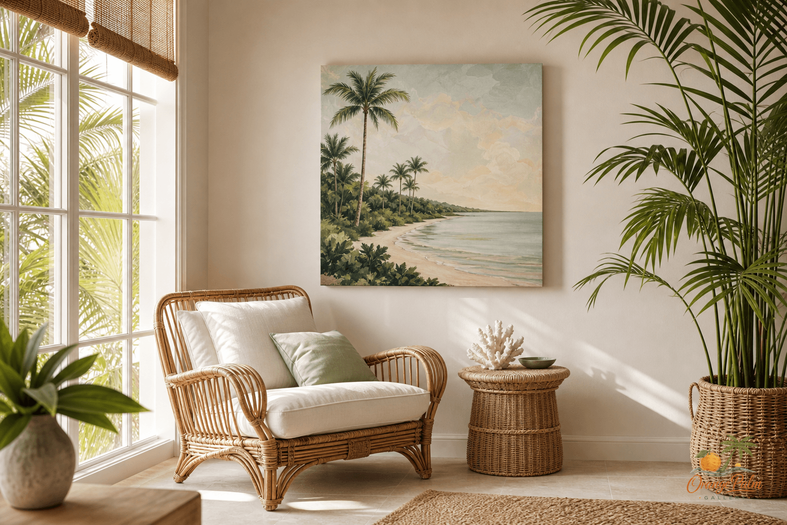 Warm modern Florida sunroom with one calm 2D wall art piece on a shaded wall near natural light