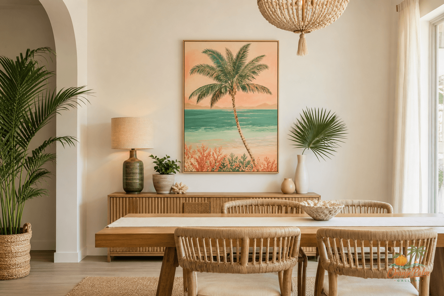 Calm coastal living room TV wall with one Florida-inspired wall art piece nearby