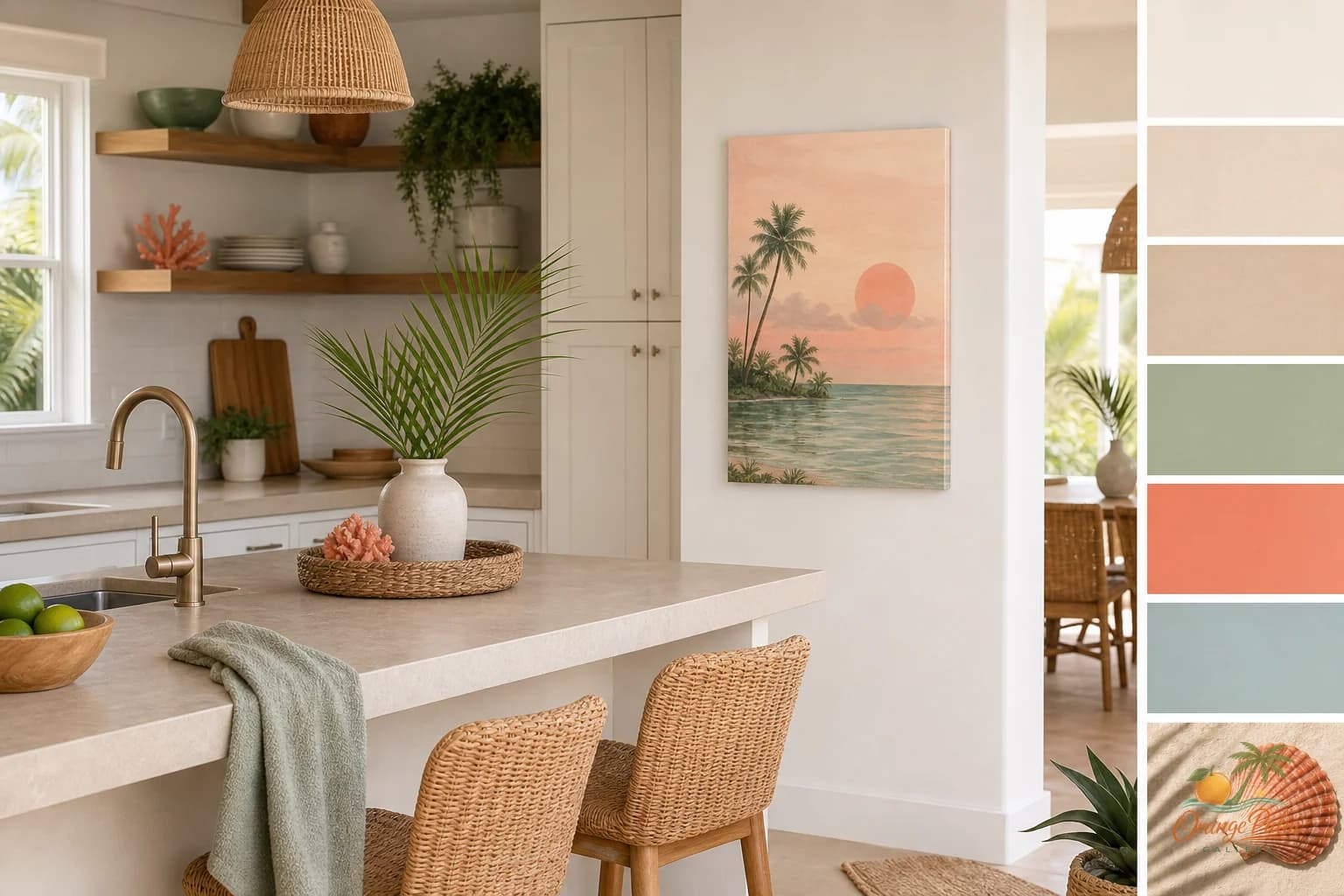 Warm modern kitchen with open shelves and one calm Florida-inspired wall art piece on a small wall