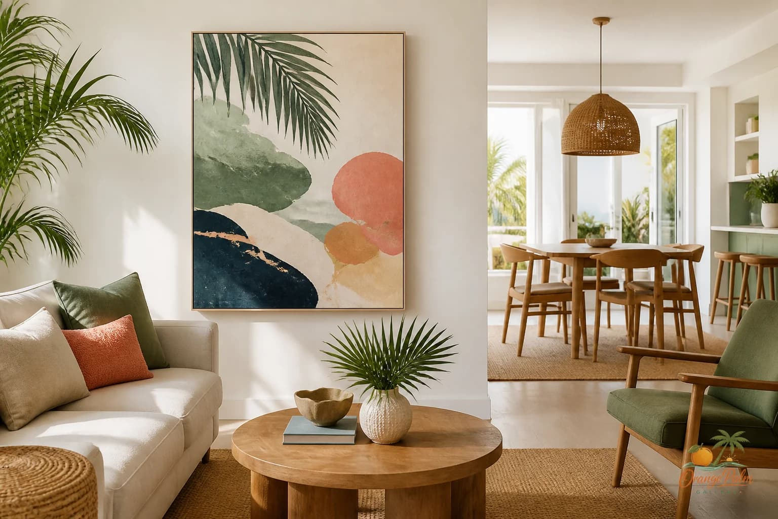 Open plan coastal living and dining area with one calm Florida inspired wall art piece defining the sitting zone