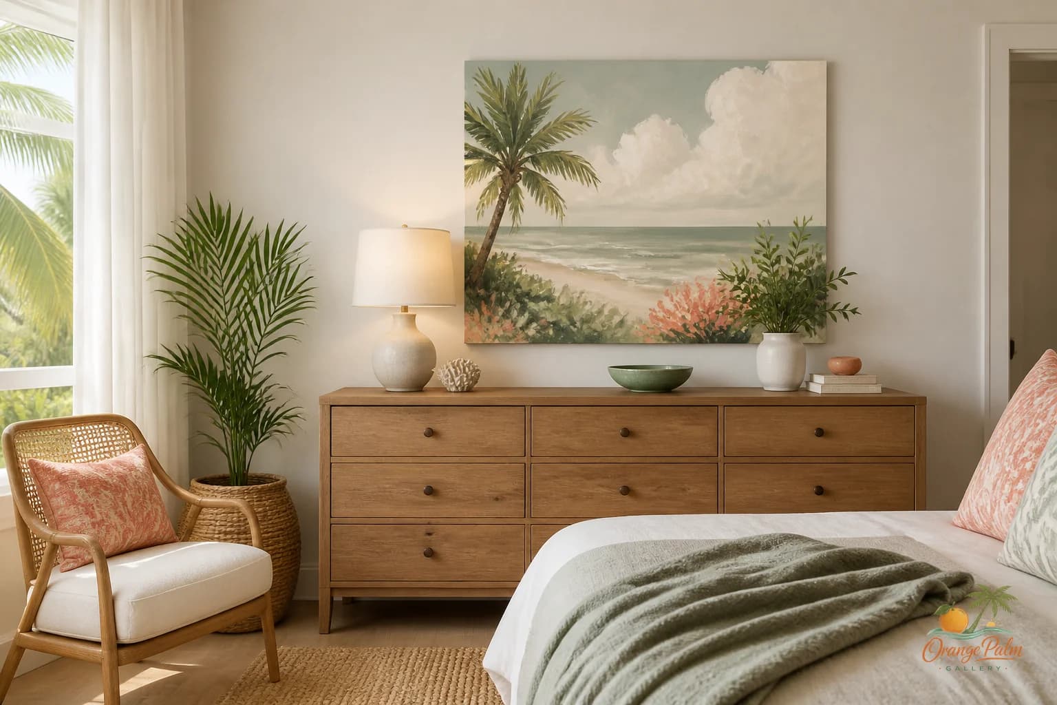 Calm coastal bedroom dresser with one Florida inspired wall art piece above it