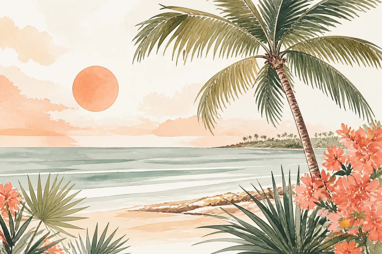 Flat printable wall art in warm white, sand, coral, palm green, and ink with subtle Florida coastal shapes