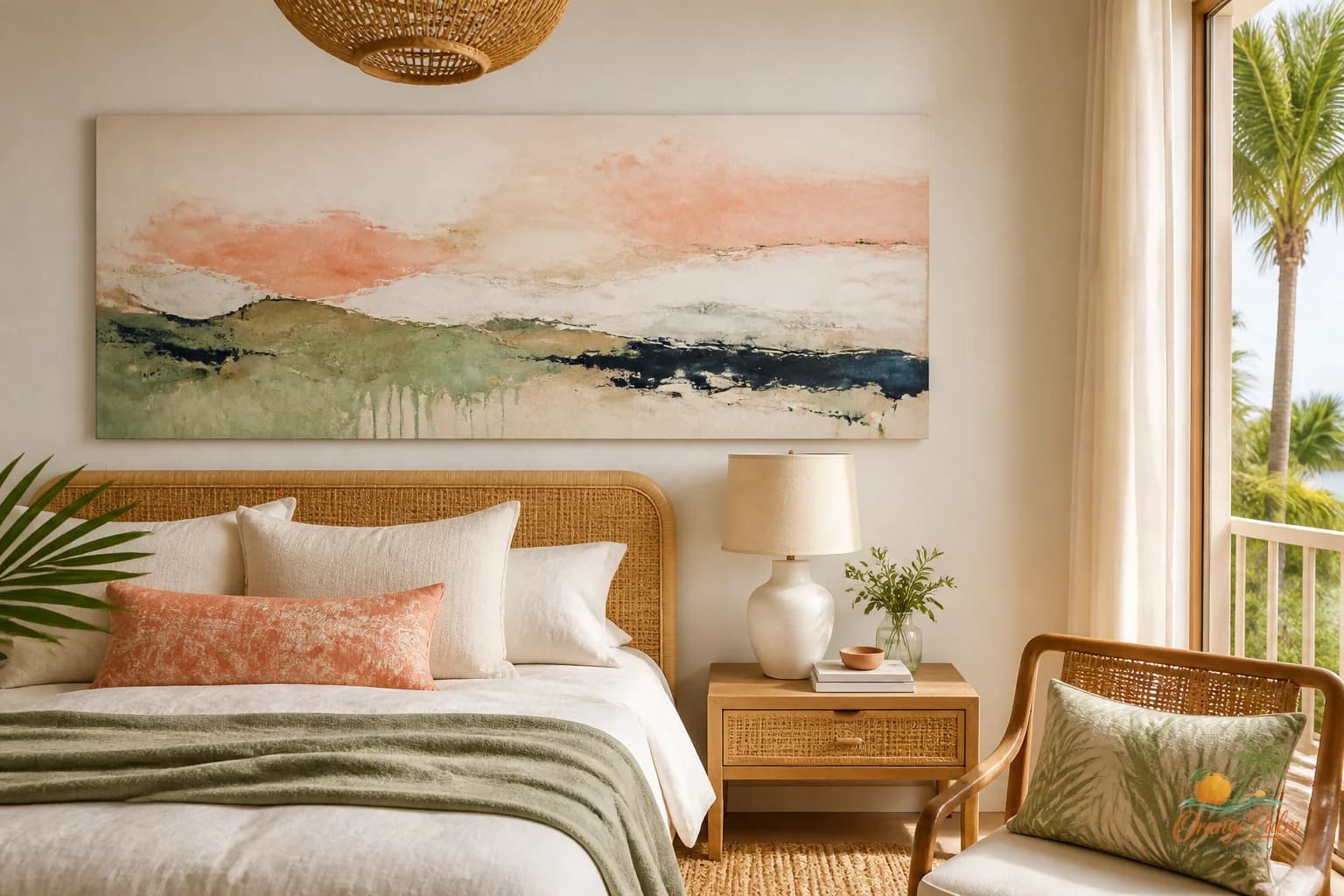 Warm modern living room with one large coastal inspired artwork centered low above a sofa