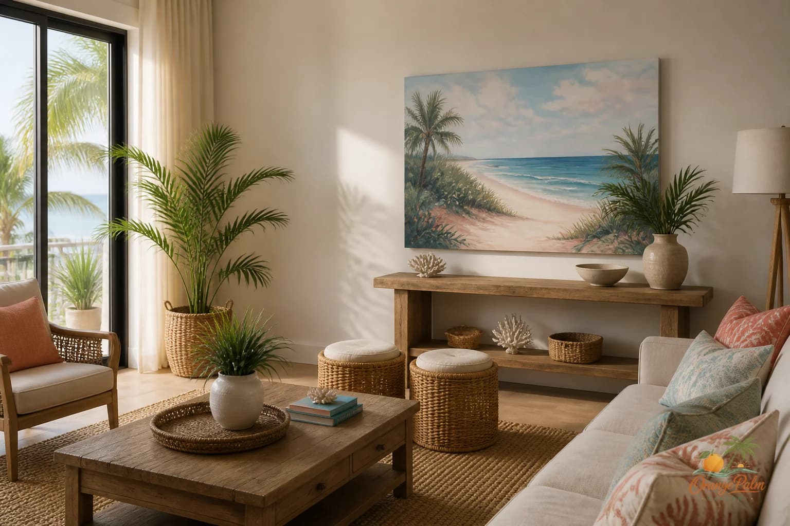 Warm modern living room wall beside a sliding glass door with one calm coastal art piece