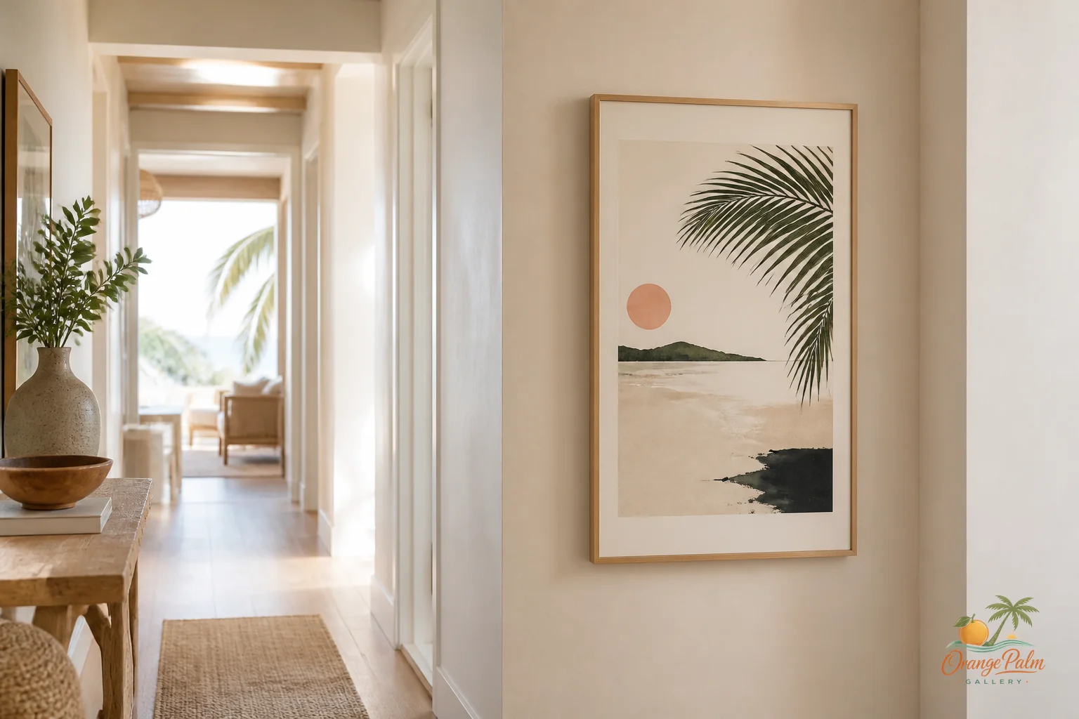 Warm modern hallway with one calm coastal wall art piece and soft Florida inspired colors