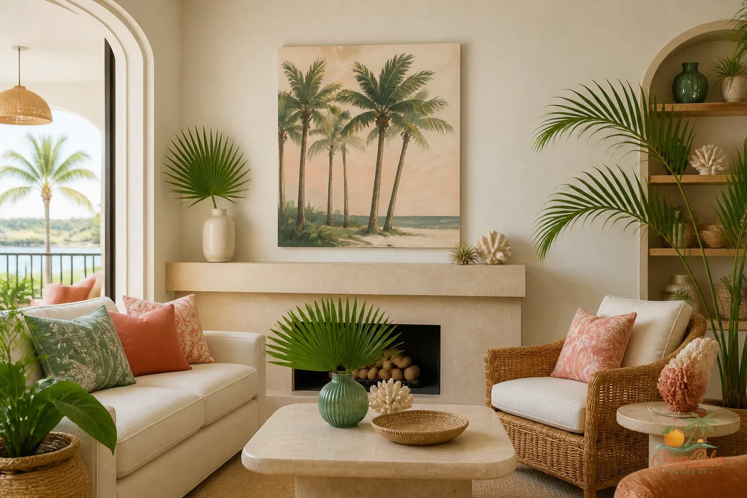 Calm coastal living room mantel with one large 2D wall art piece above it