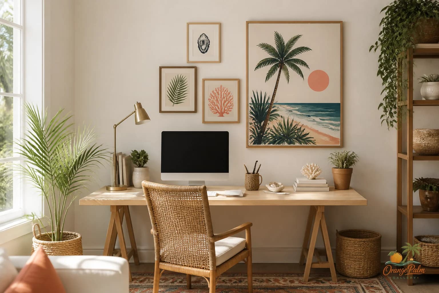 Warm modern home office with calm Florida-inspired wall art above a desk