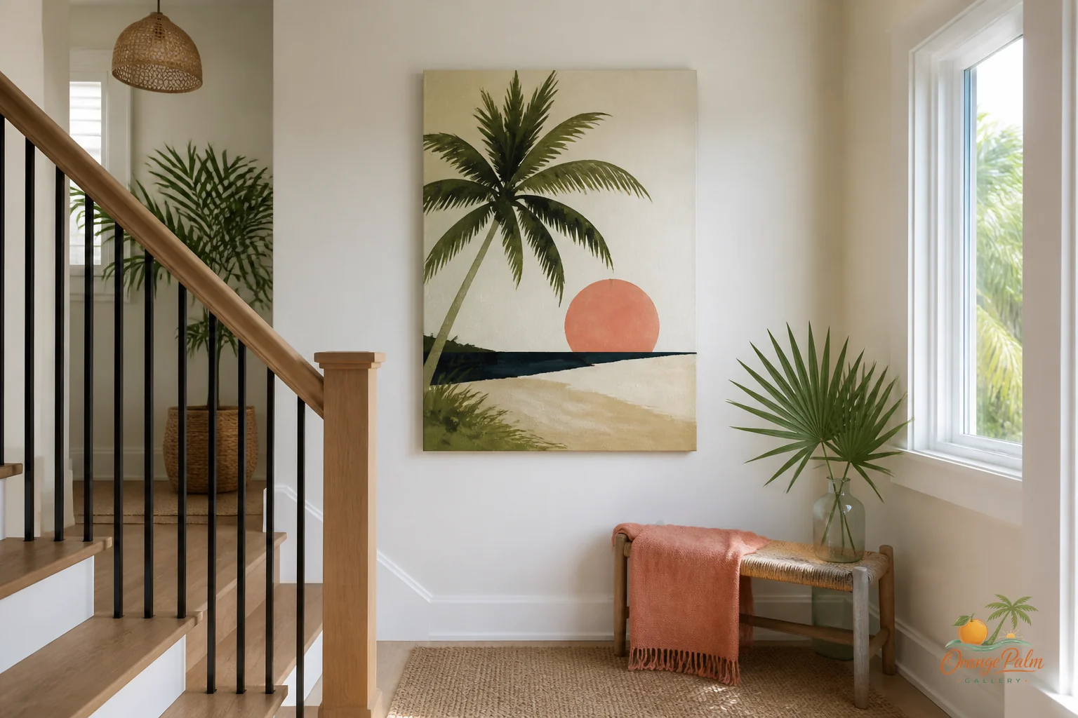Warm coastal stair landing with one calm piece of wall art in sand, palm green, coral, and warm white tones