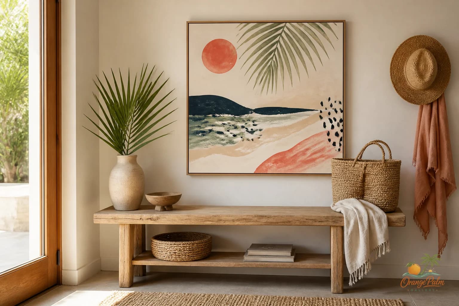 Warm coastal entryway with simple wall art, pale walls, natural wood, and soft Florida inspired colors