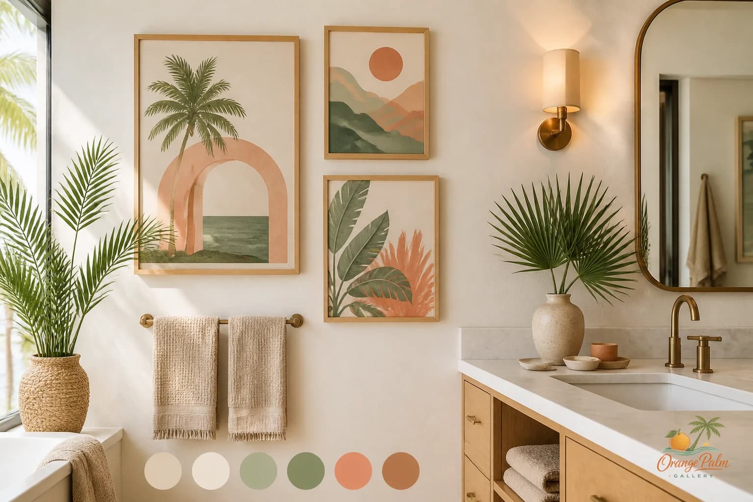 Warm modern bathroom with soft coastal wall art, pale tile, sand towels, and natural Florida light
