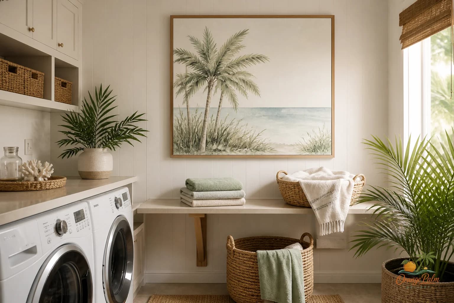 Calm laundry room with one warm coastal wall art piece above a folding counter