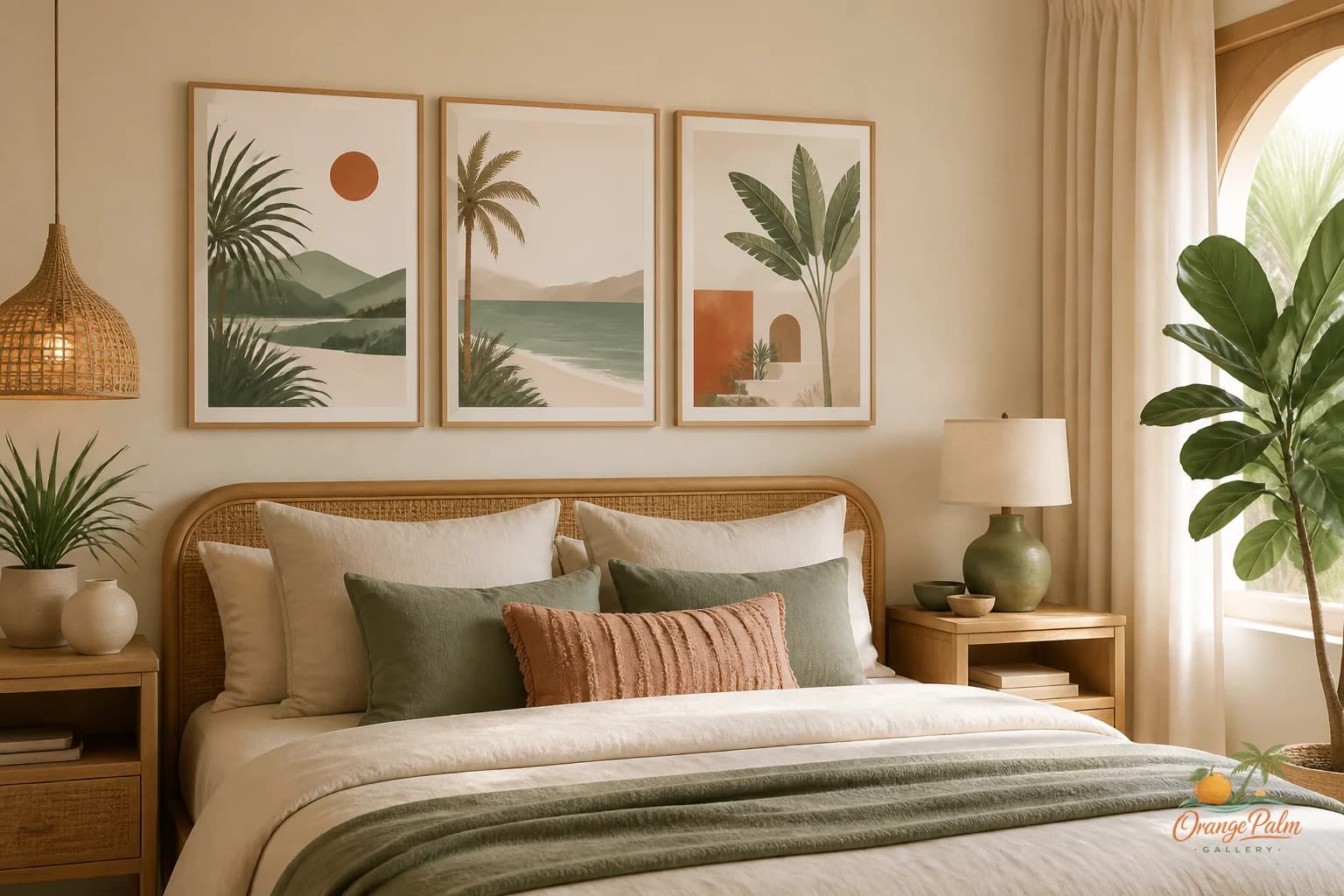 Calm living room TV wall with quiet coastal wall art in warm neutral colors