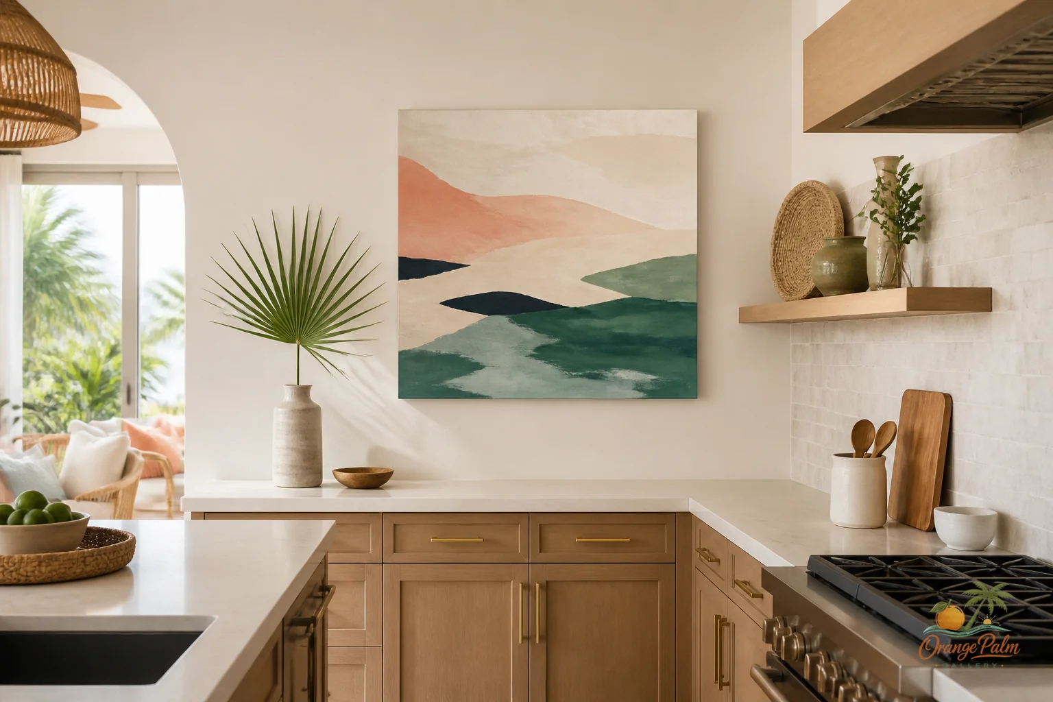 Warm modern kitchen counter with a quiet coastal wall art print above the backsplash area
