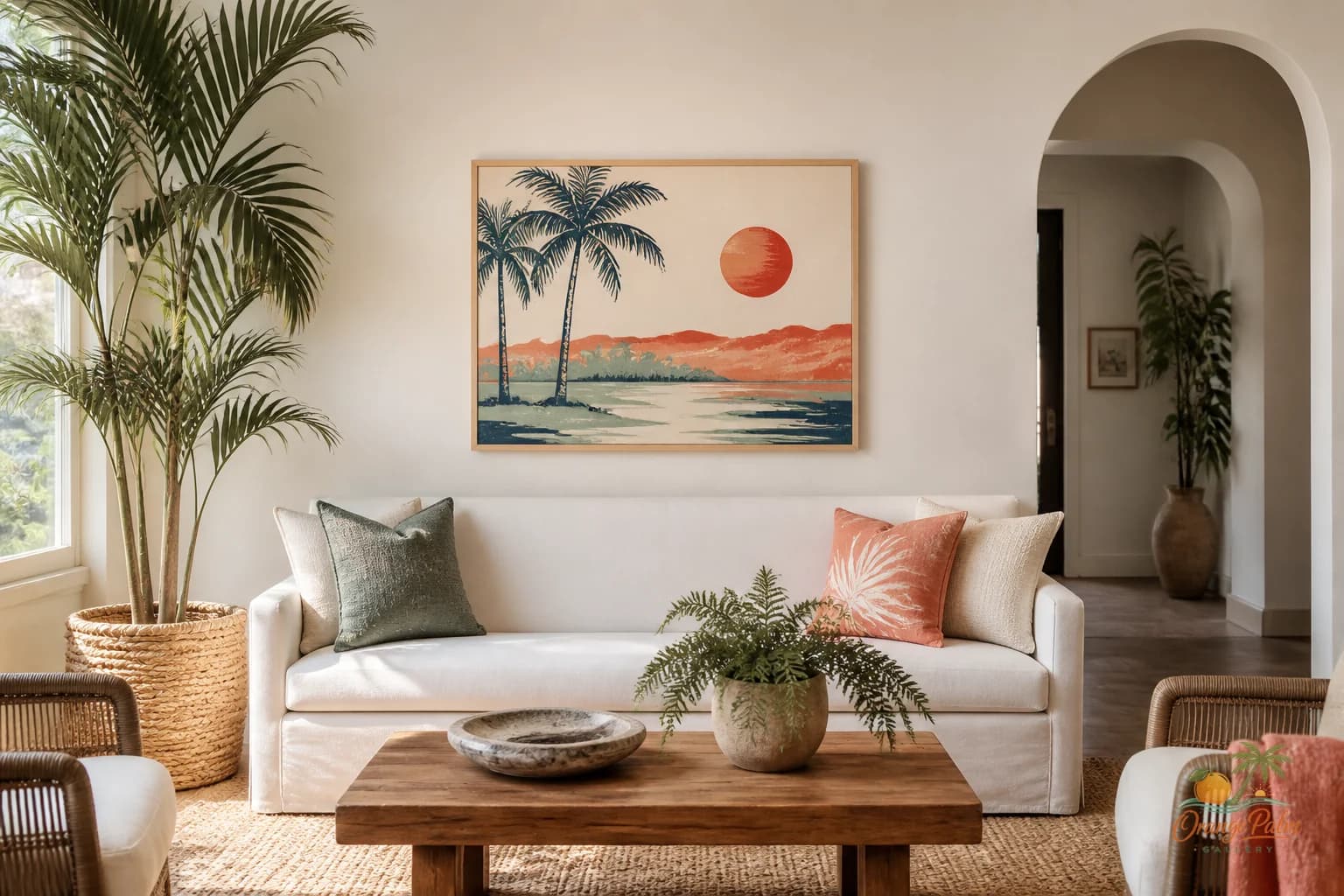 Modern coastal living room with calm wall art hung above a sofa at a comfortable height