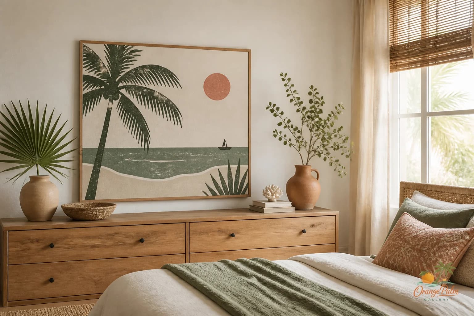 Warm modern bedroom dresser with simple coastal wall art placed low above it