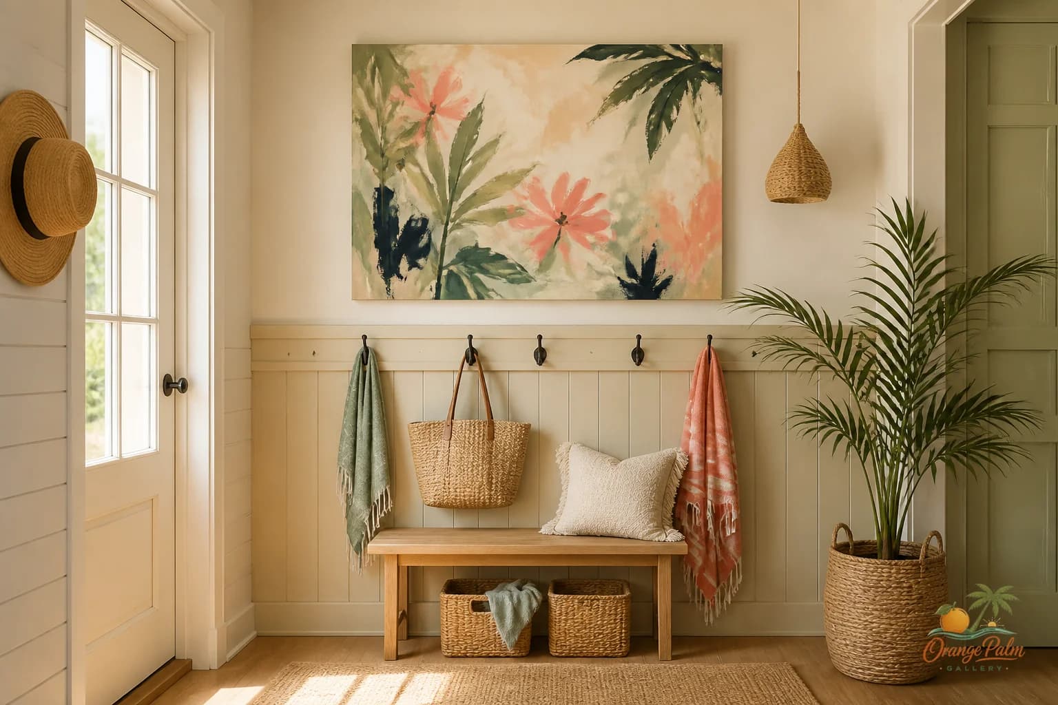 Warm coastal back door drop zone with simple wall art above hooks and a bench