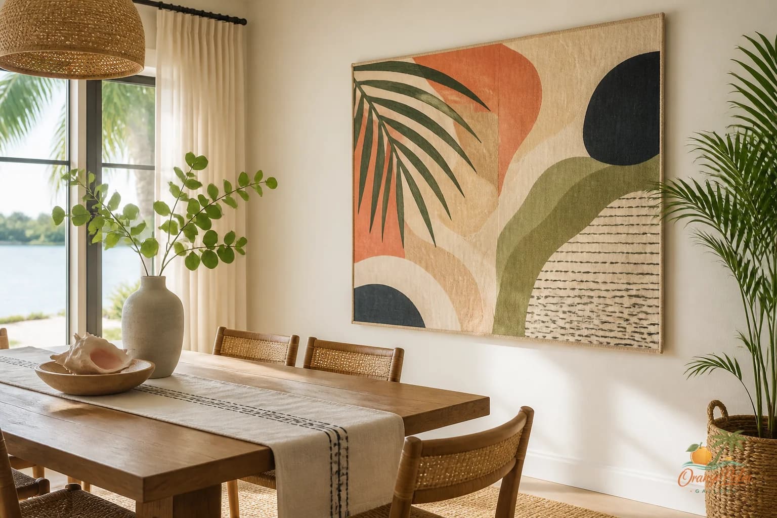 Warm modern dining room with coastal wall art on a side wall near a wood table