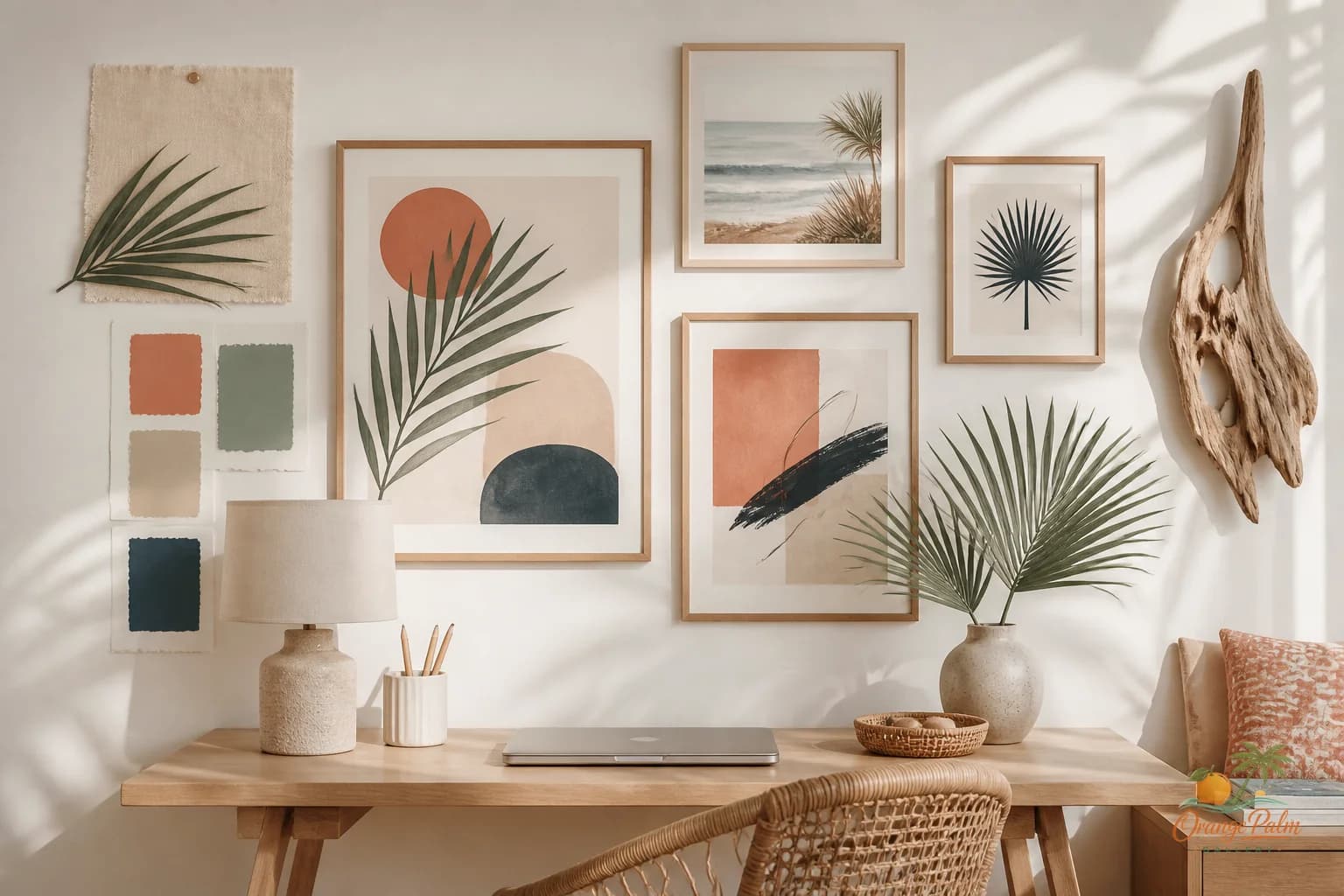 Warm modern home office wall with calm coastal artwork above a simple desk