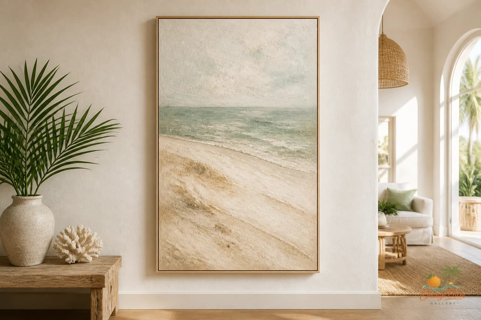 Warm coastal stair landing with one calm piece of wall art, soft white walls, sand tones, palm green accents, and natural light