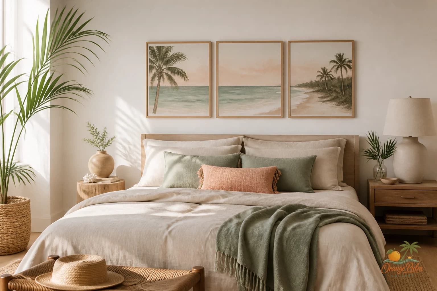 Calm coastal bedroom with low horizontal wall art above a simple bed in warm neutral colors