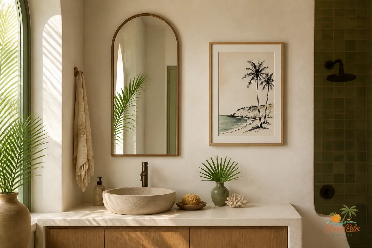 Warm coastal bedroom with small bedside wall art above a nightstand in sand, palm green, coral, and warm white tones