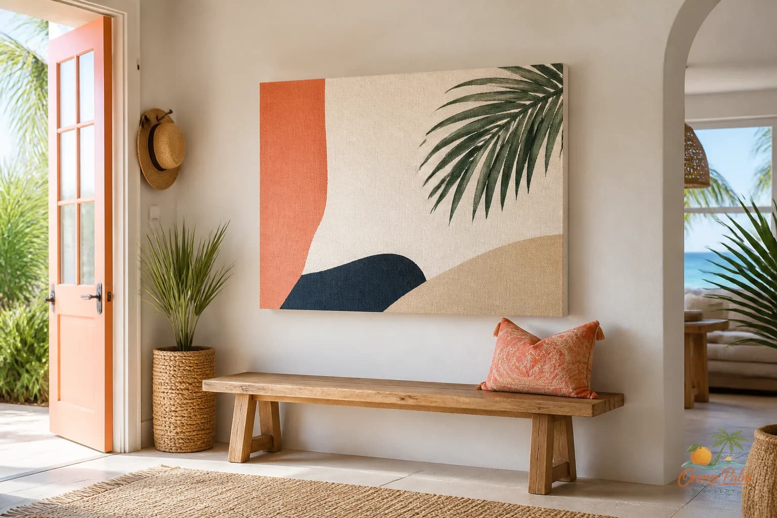 Warm modern coastal entryway with simple wall art above a slim bench in coral, sand, palm green, ink, and warm white tones