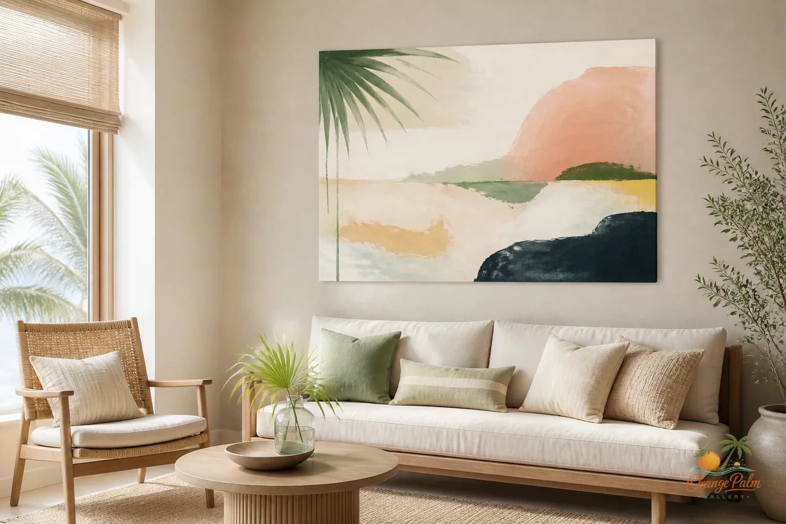 Modern coastal bathroom with one calm abstract wall art piece near warm white tile and palm green towels