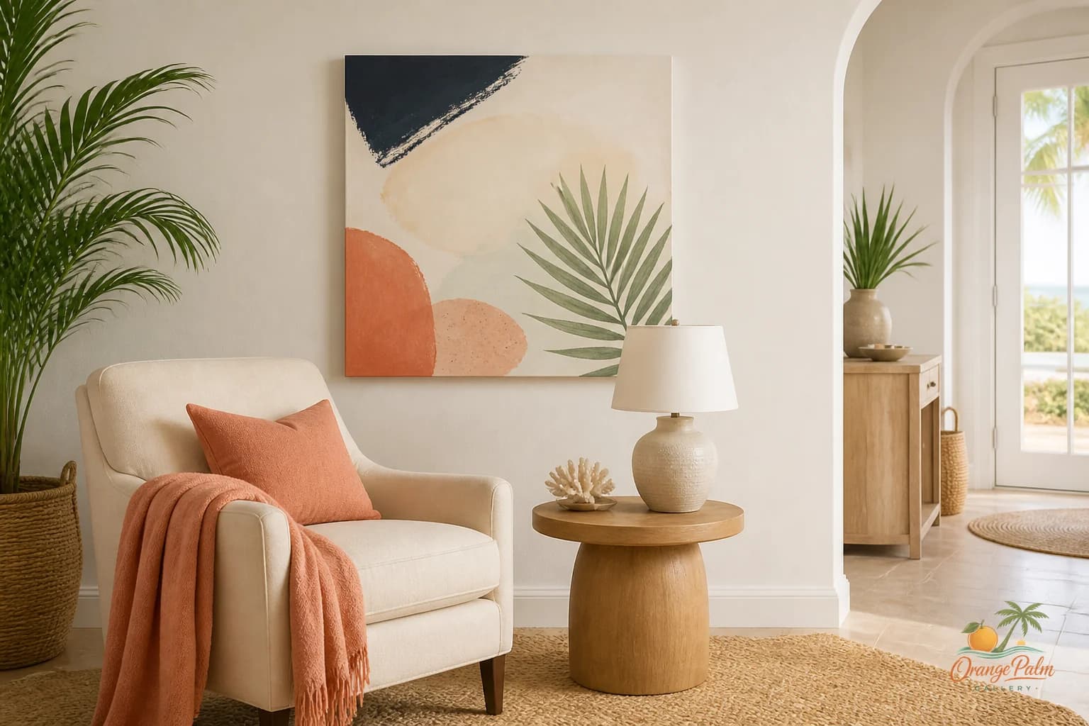 Quiet reading corner with warm coastal wall art, a simple chair, natural light, and soft neutral colors