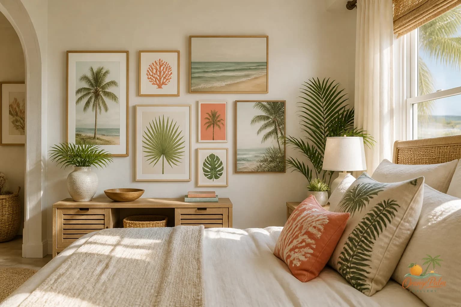 Calm bedroom wall opposite the bed with warm coastal wall art in soft sand, green, coral, and warm white tones