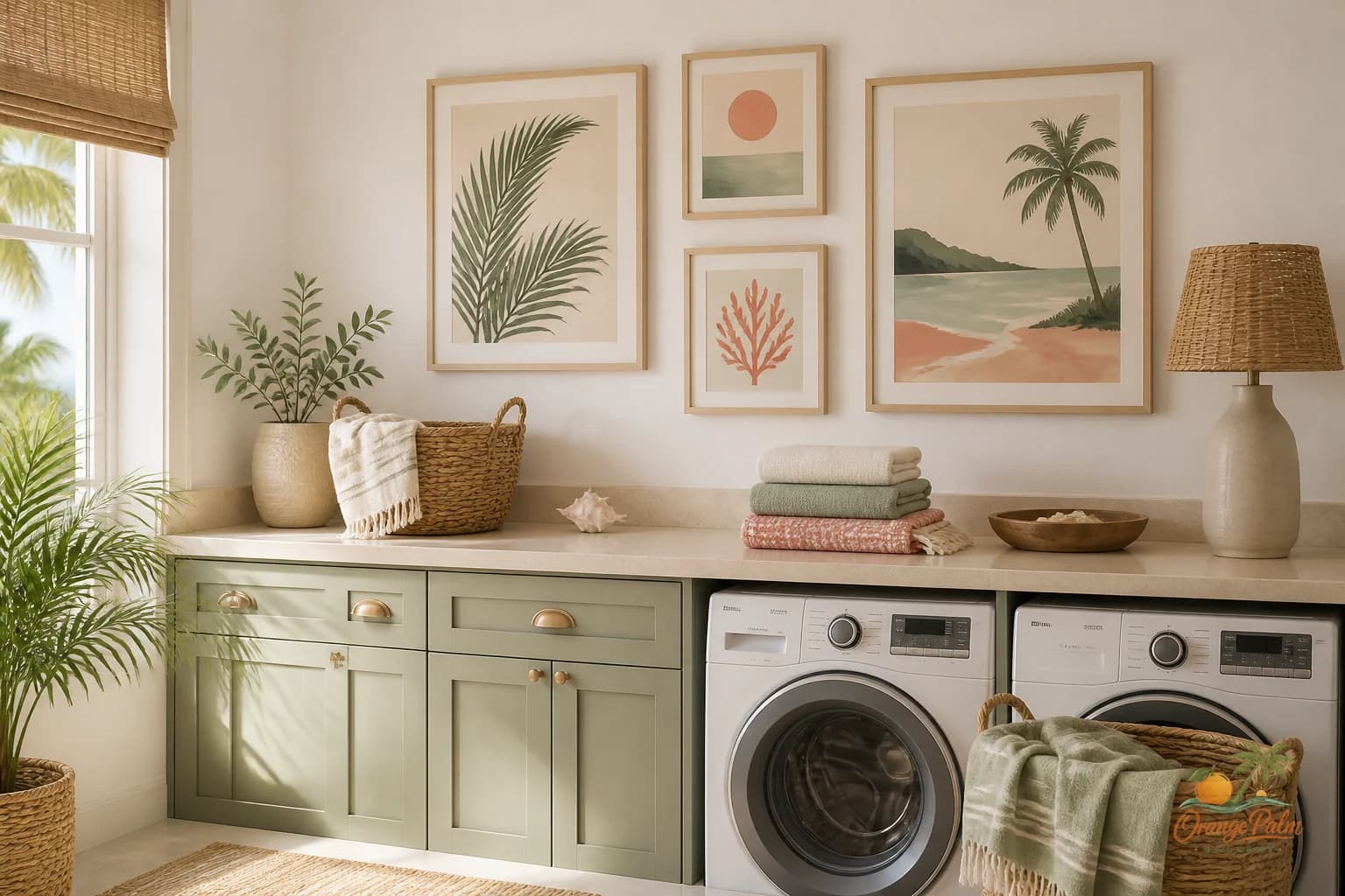 Calm laundry room wall with simple coastal art above a folding counter