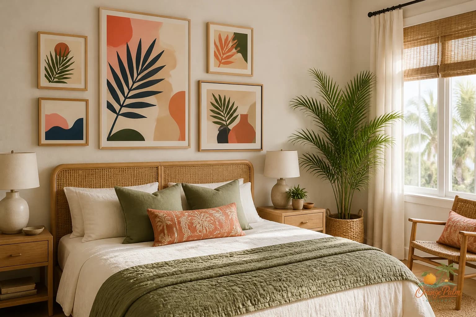Warm coastal guest room with simple wall art above a bed and soft Florida inspired colors
