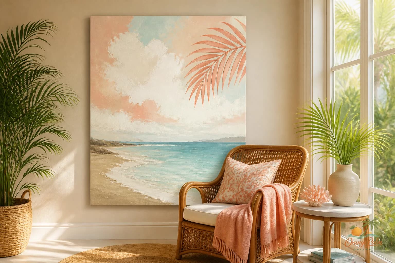 Small Florida sunroom with one warm coastal wall art piece above a simple woven chair and soft natural light