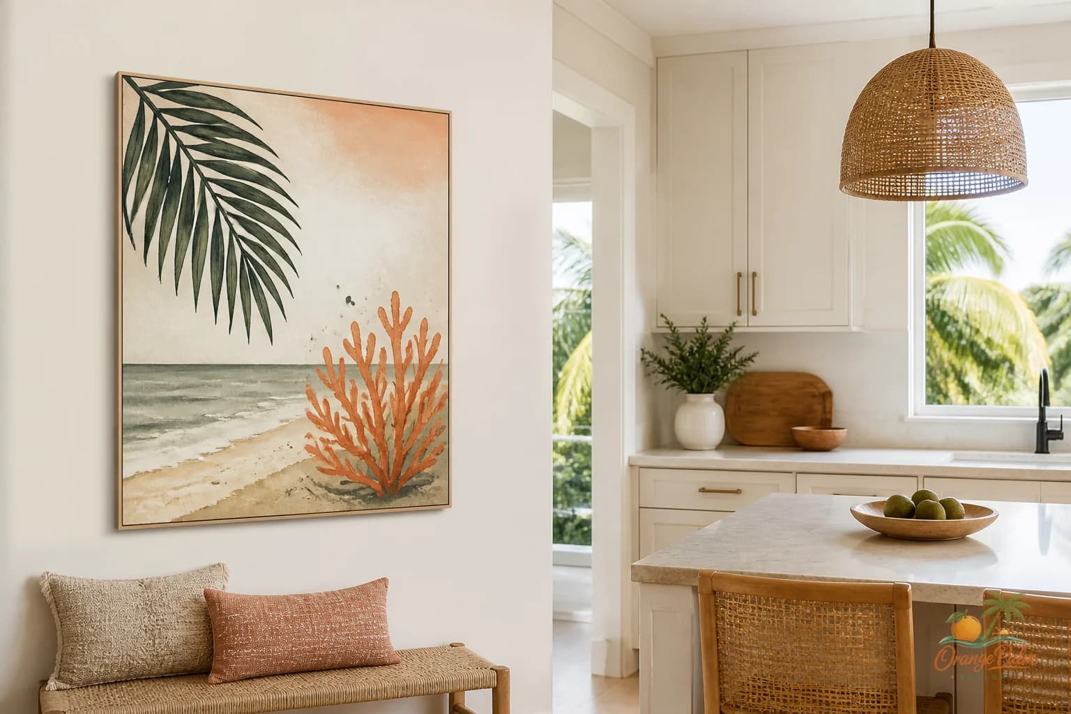 Warm modern kitchen wall with simple coastal inspired artwork in coral, sand, palm green, and warm white tones