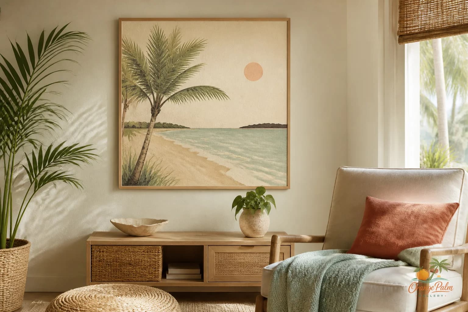 Calm living room corner with warm coastal wall art, pale walls, natural light, and simple modern decor