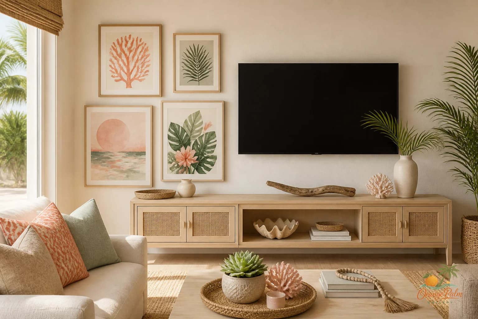 Modern coastal living room TV wall with simple wall art, warm white walls, palm green accents, and calm Florida inspired styling