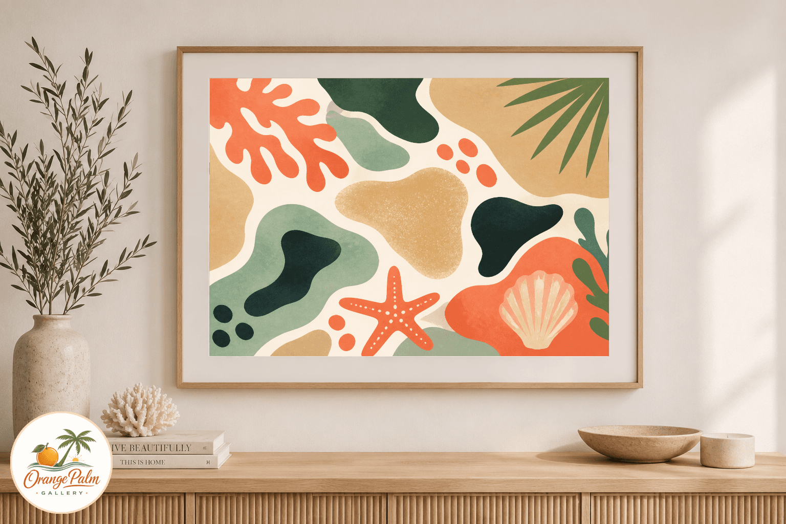 Warm abstract printable wall art with soft tide pool shapes in coral, sand, palm green, ink, and warm white