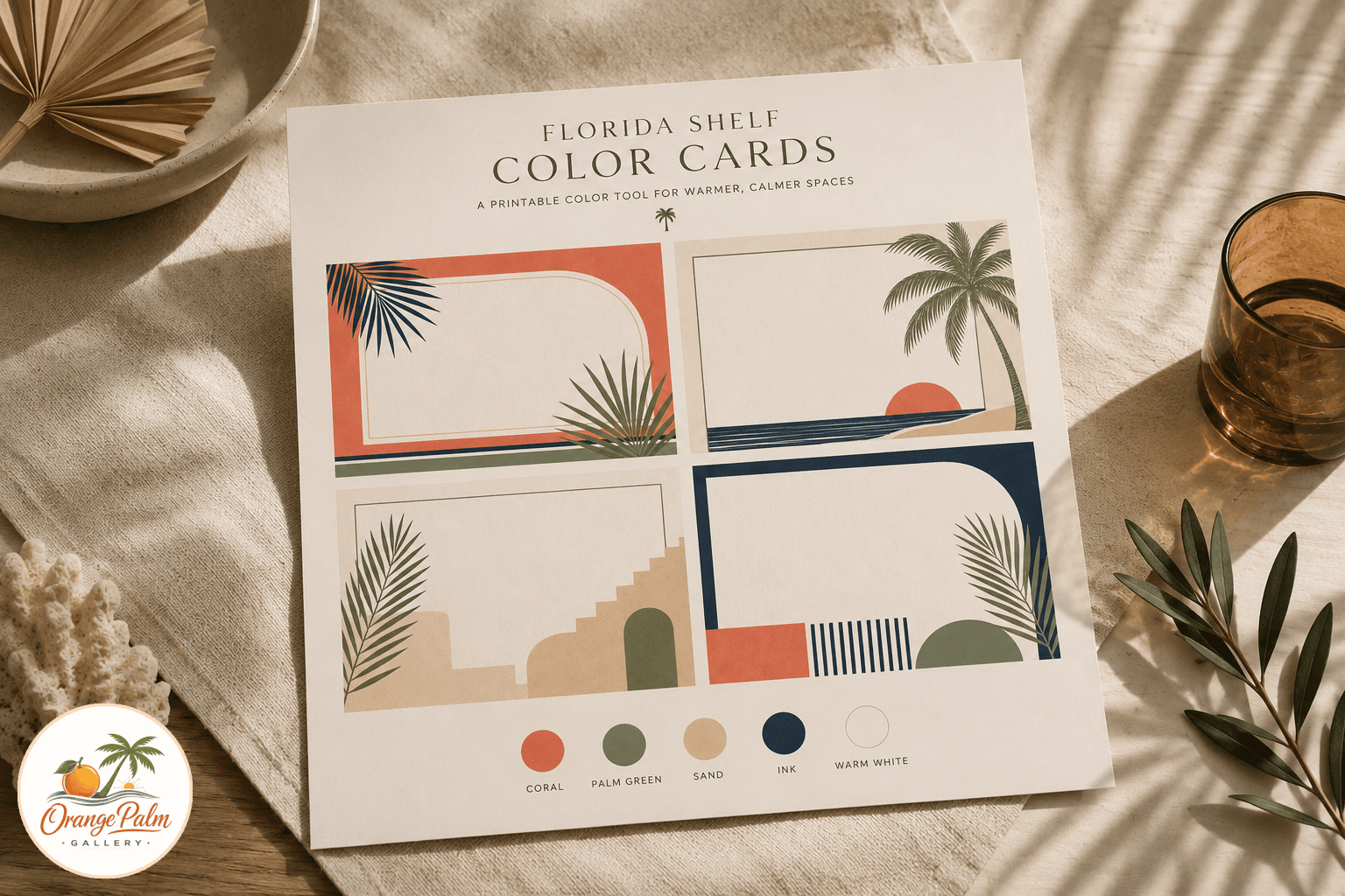 Printable page with four warm Florida inspired decor color cards using coral, palm green, sand, ink, and warm white swatches with blank note areas.