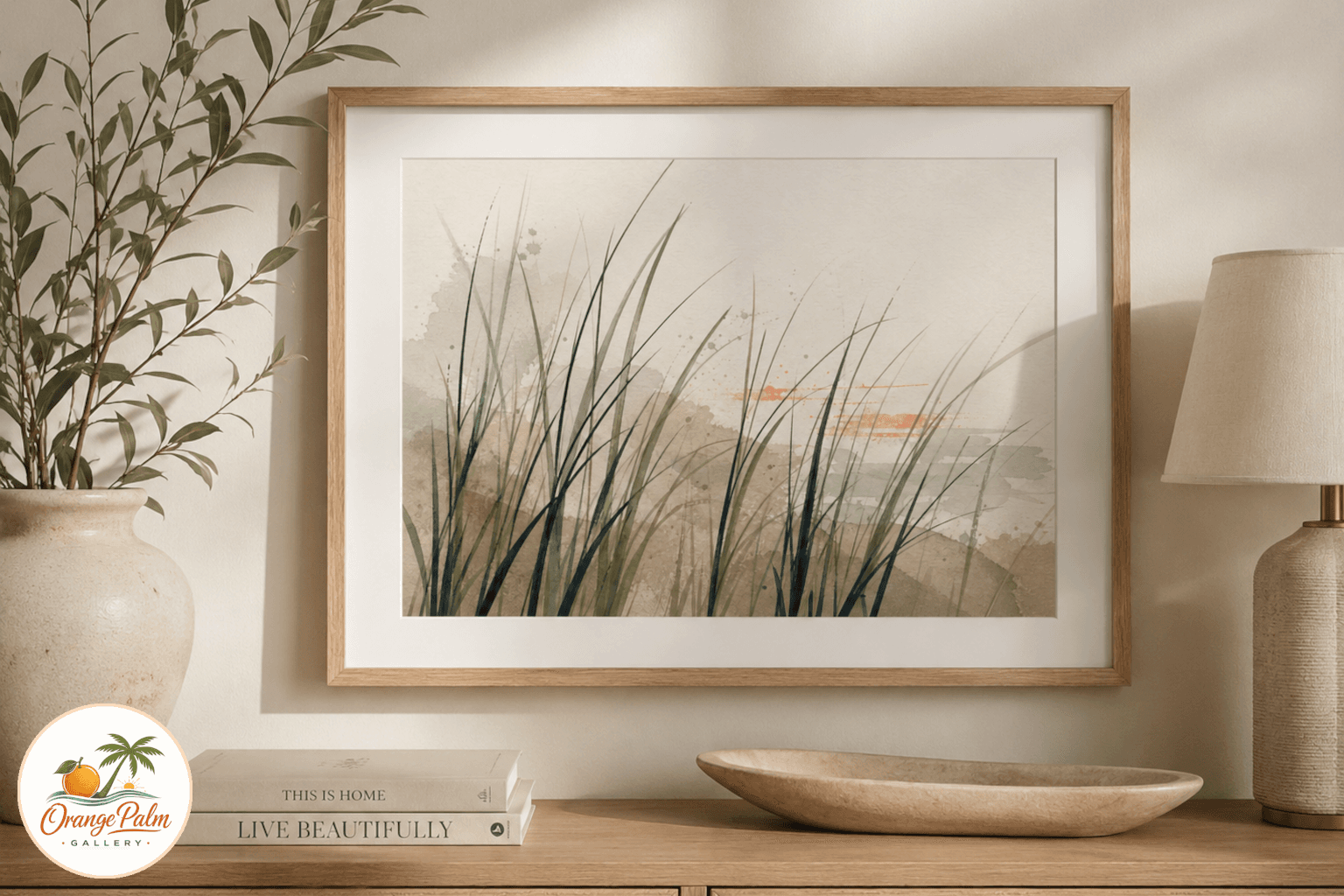 Printable wall art with layered Florida sawgrass blades in palm green, sand, coral, ink, and warm white after a summer rain