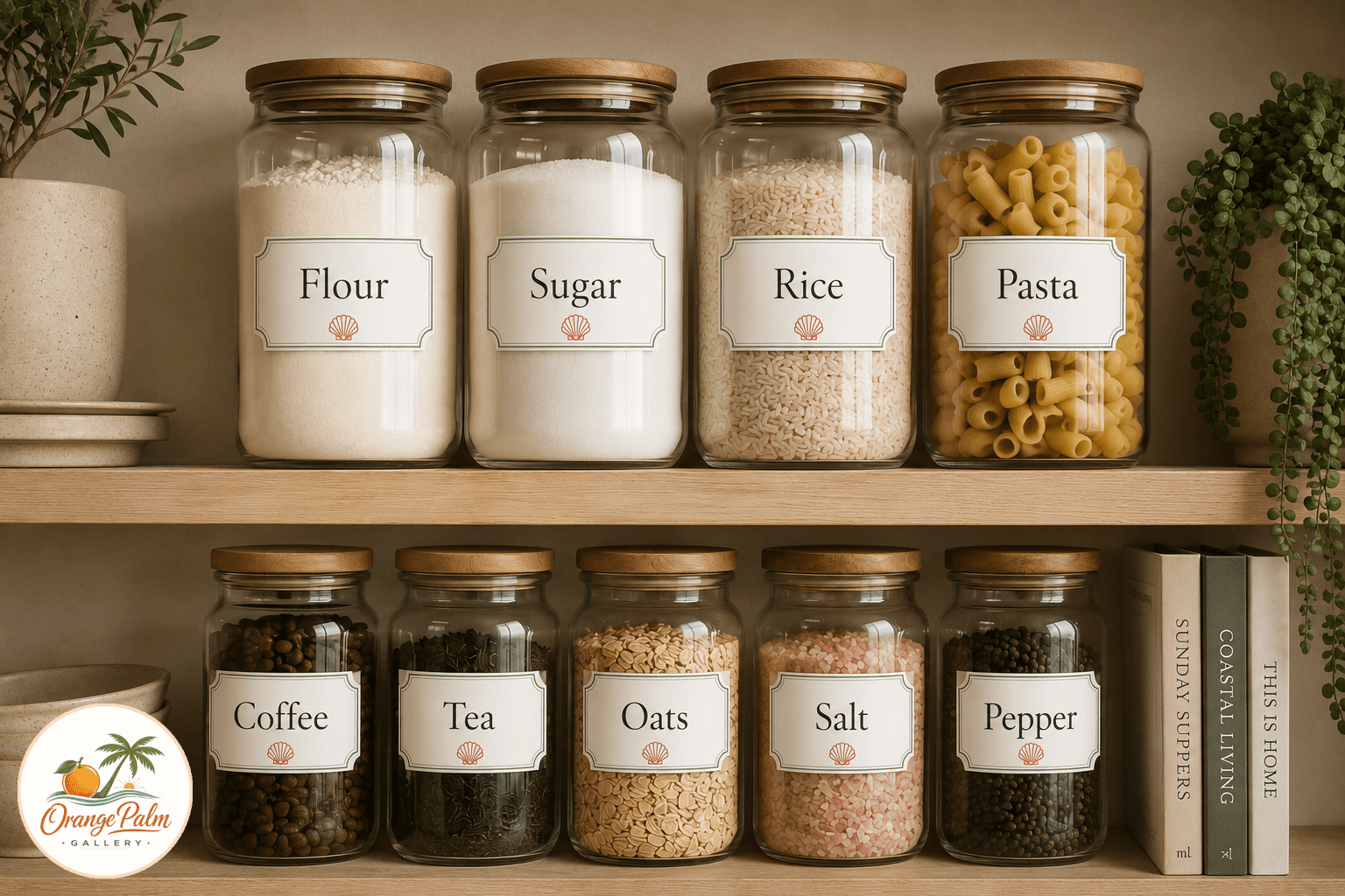 Printable pantry label sheet with warm white labels, palm green borders, coral shell accents, and clean ink lettering for common kitchen staples.