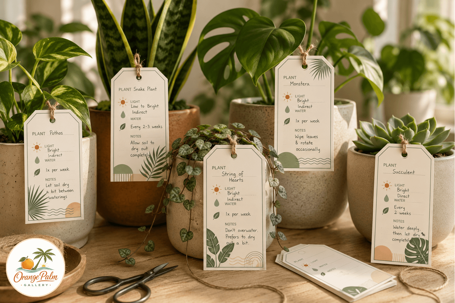 Printable sheet of palm green and warm white plant care tags with small sun, water, and leaf details for houseplant notes.