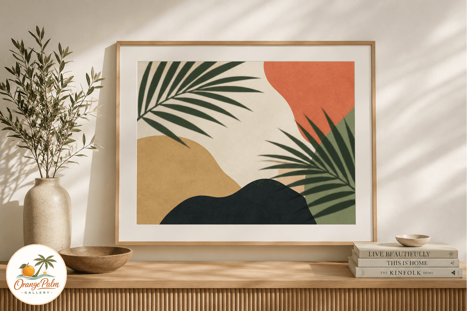 Warm modern printable wall art with abstract palm shadow shapes in palm green, sand, coral, ink, and warm white