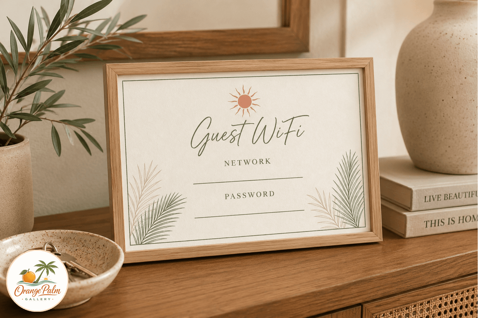Printable guest WiFi card with palm green border, warm white background, coral accent, and blank network and password lines