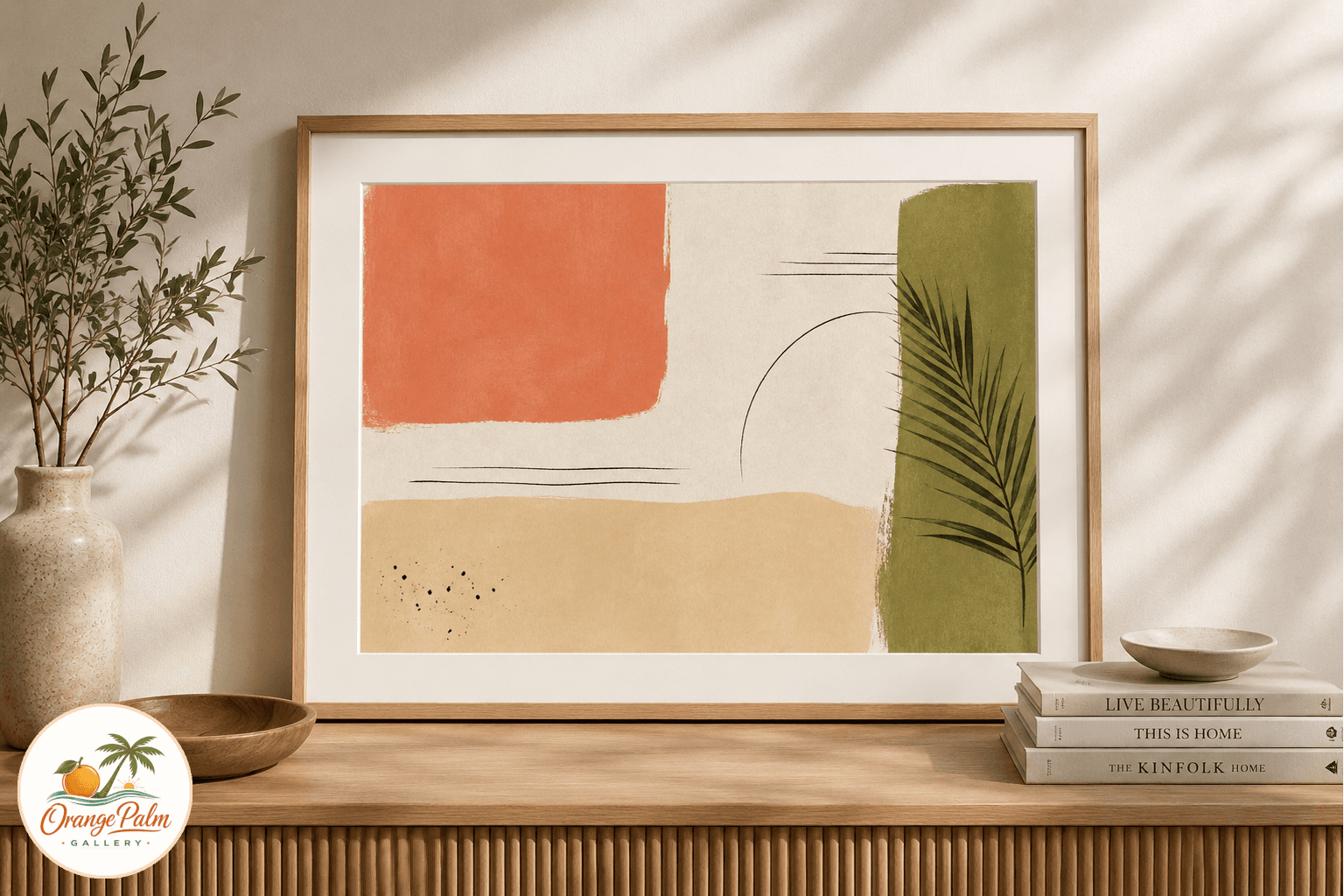 Abstract Florida coastal printable wall art with sand, coral, palm green, warm white, and ink color blocks arranged like a quiet morning along A1A.