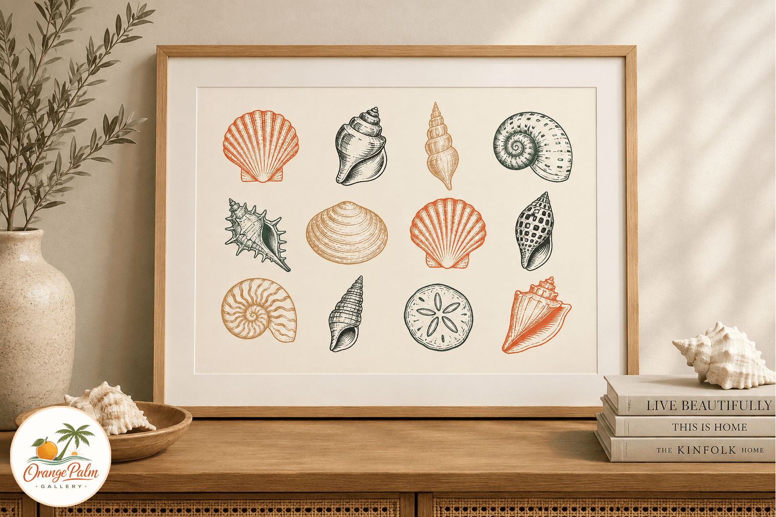 Printable coastal wall art page with a clean grid of hand drawn shell forms in warm sand, coral, palm green, and ink tones on a warm white background.
