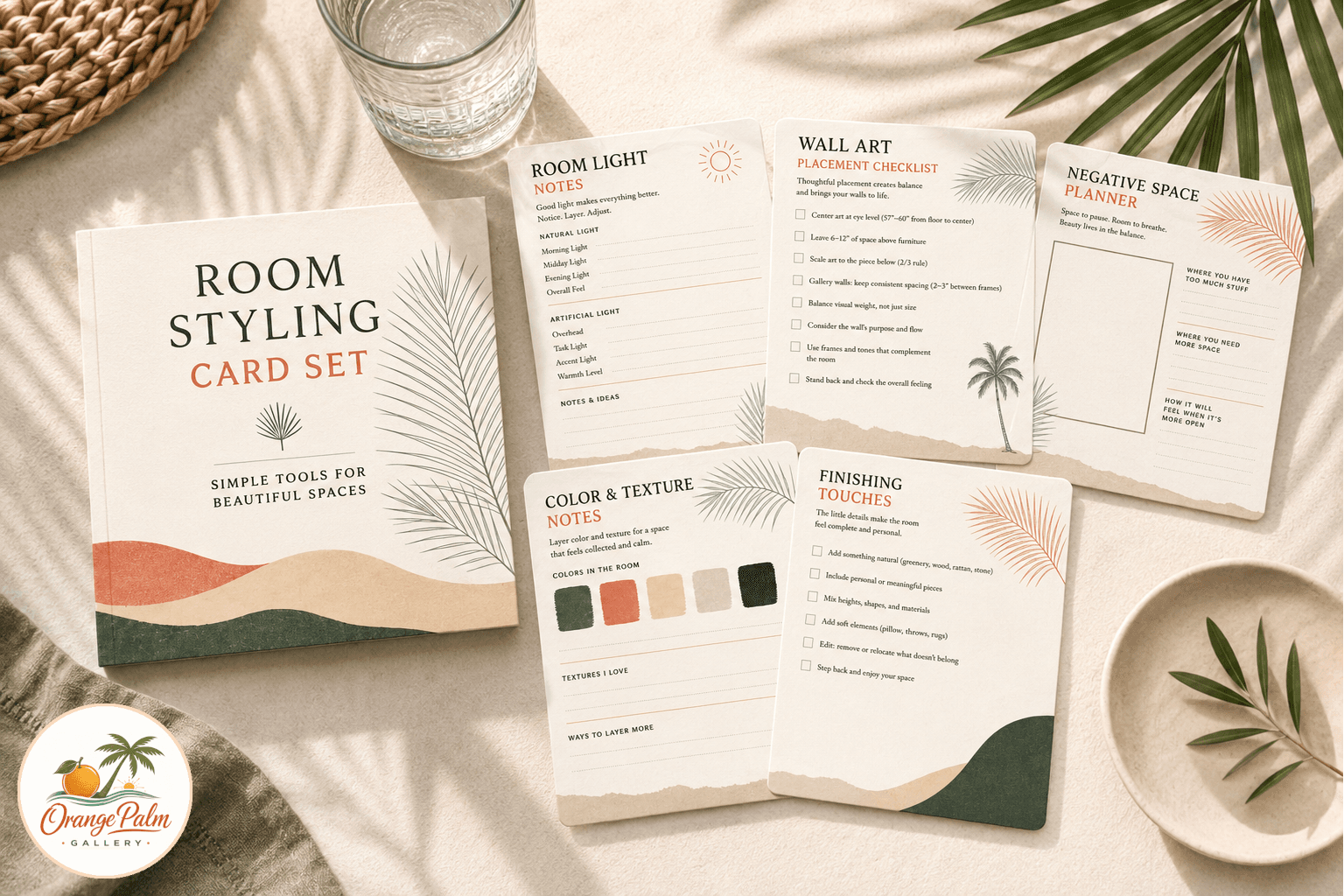 Printable room styling cards with palm green, coral, sand, and warm white sections for planning wall art placement in bright Florida rooms
