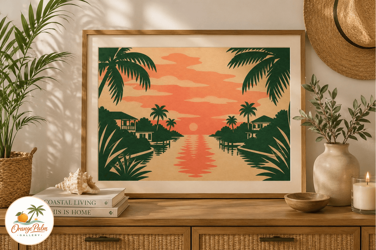 Abstract Florida canal printable wall art with coral evening sky, dark green palm shapes, warm sand tones, and a quiet water reflection
