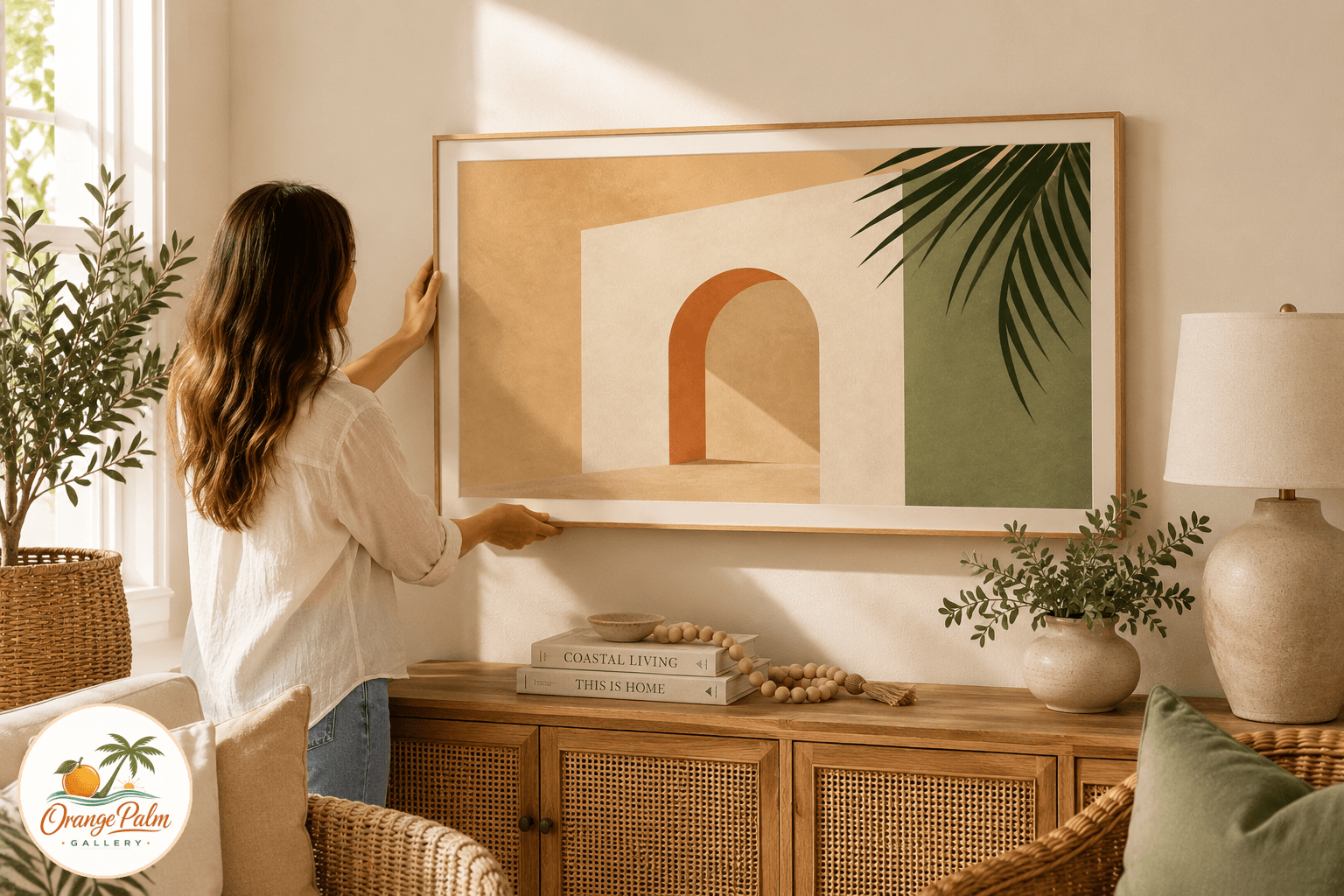 Warm modern printable wall art with a simple Florida inspired arch shape, sand background, palm green accent, coral shadow, and handmade paper texture
