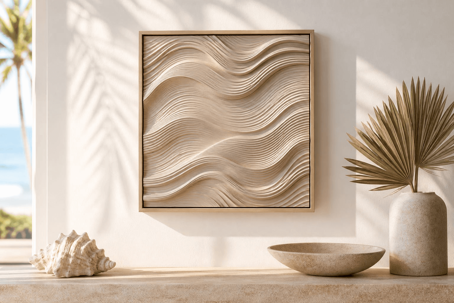 Textured wave artwork in a pale wood frame on a sunlit coastal wall